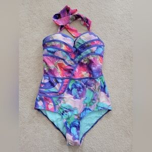 New Modcloth Set The Serene 1pc Mermaid Swimsuit Purple Pink Blue Halter Med 6